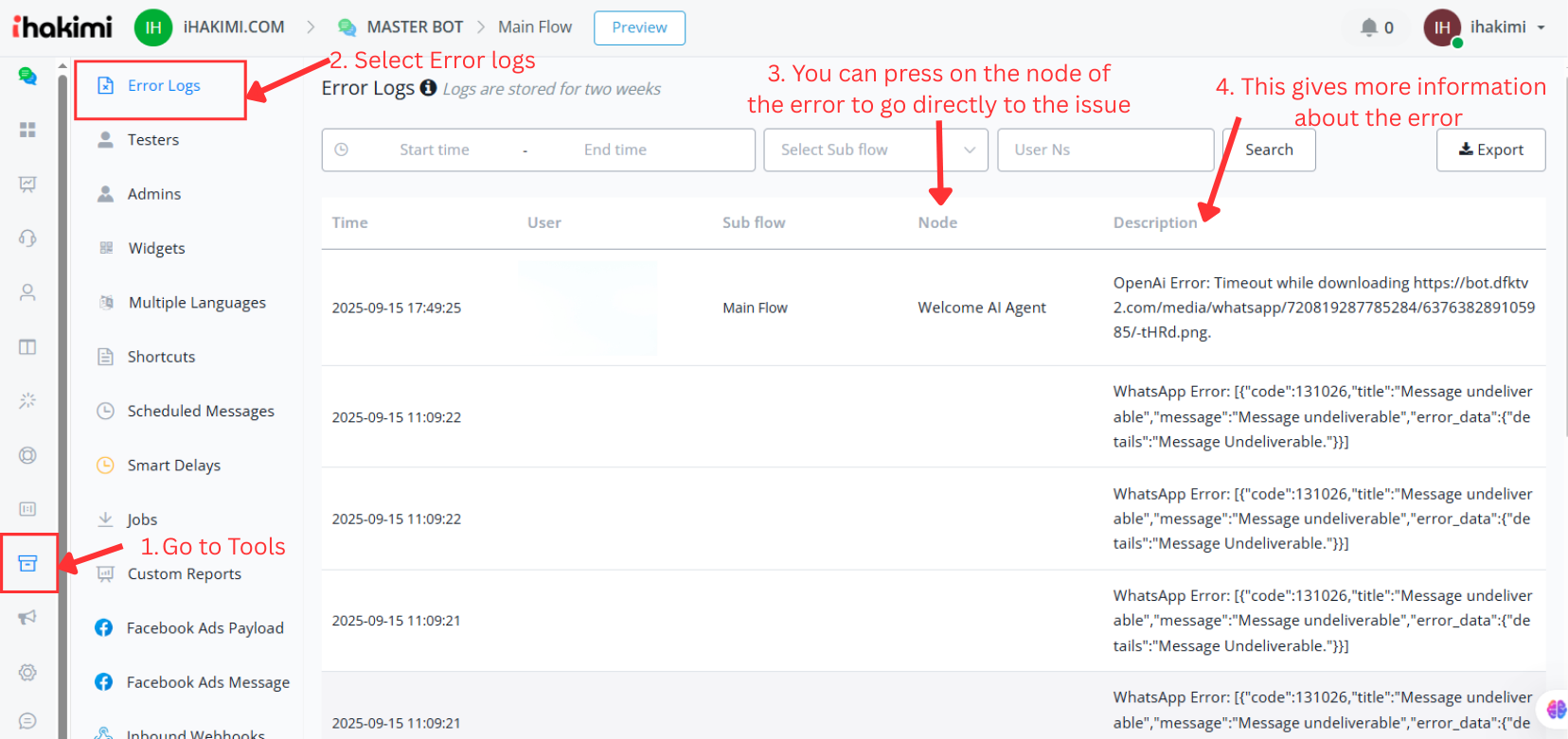 Error Logs - ihakimi - Ai Automation Software for Whatsapp, Instagram ...