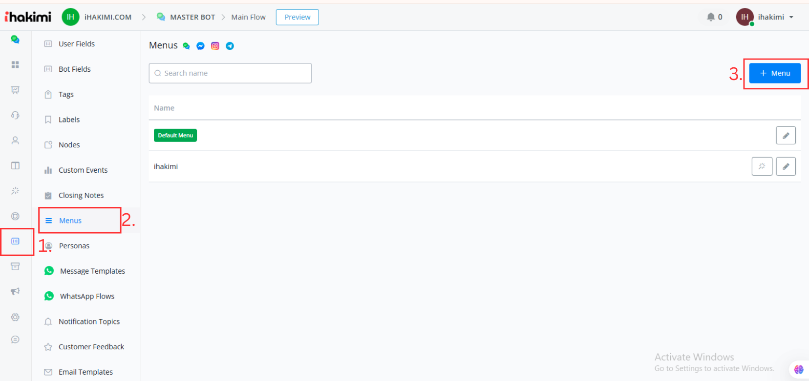 User Menus - ihakimi - Ai Automation Software for Whatsapp, Instagram ...