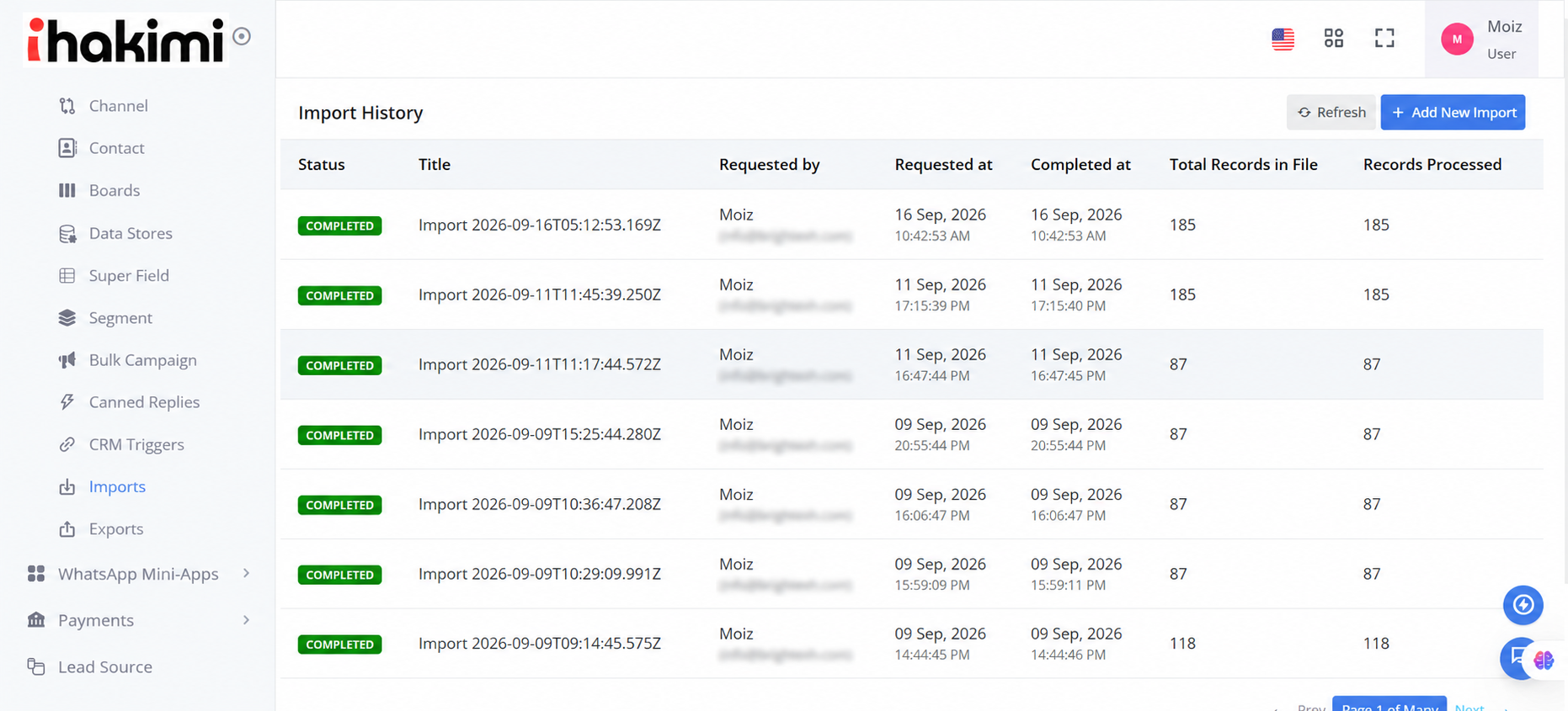 Import History Dashboard Interface